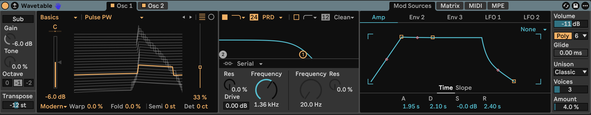 Wavetable settings for Swelling Pulse Pad